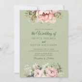 Elegant Sage Green Peony Floral Wedding Invitation Kaart (Voorkant)