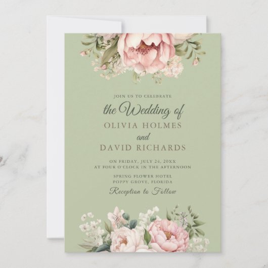 Elegant Sage Green Peony Floral Wedding Invitation Kaart (Voorkant)