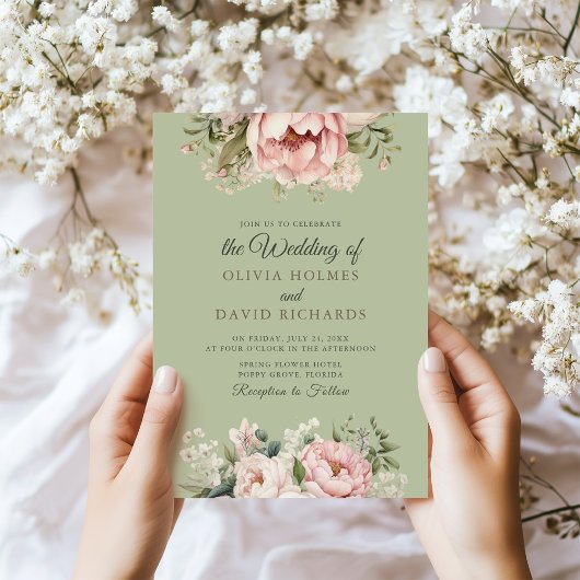 Elegant Sage Green Peony Floral Wedding Invitation Kaart
