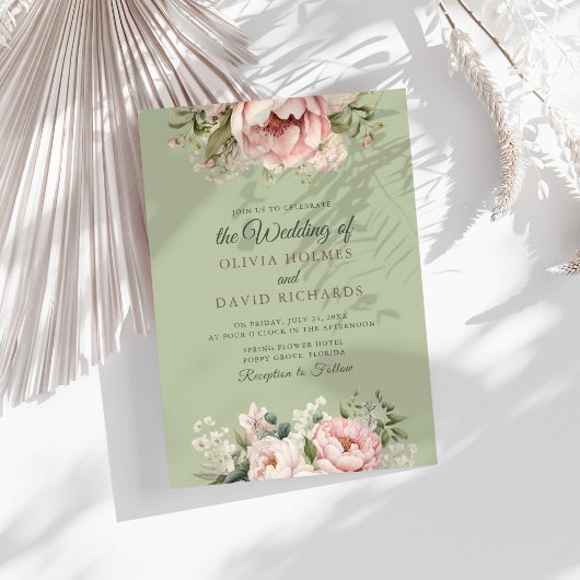 Elegant Sage Green Peony Floral Wedding Invitation Kaart
