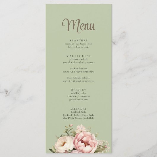 Elegant Sage Green Peony Floral Wedding Menu (Voorkant)
