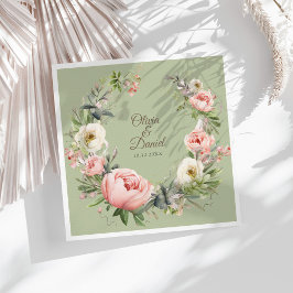 Elegant Sage Green Peony Floral Wedding Napkin Servet