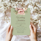 Elegant Sage Green Peony Wedding Invitation Kaart