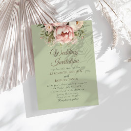 Elegant Sage Green Peony Wedding Invitation Kaart