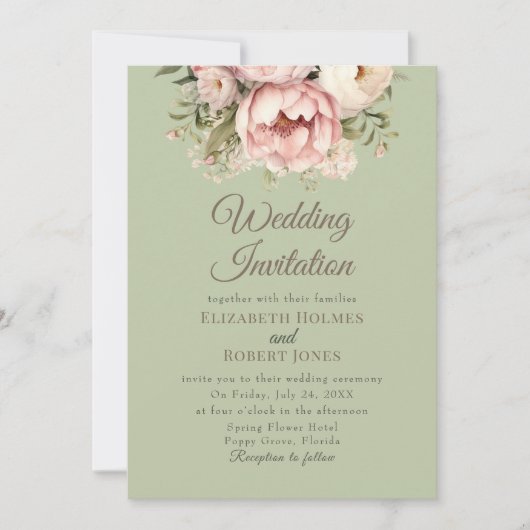 Elegant Sage Green Peony Wedding Invitation Kaart (Voorkant)