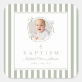 Elegant Sage Green Photo Baptism Vierkante Sticker (Voorkant)