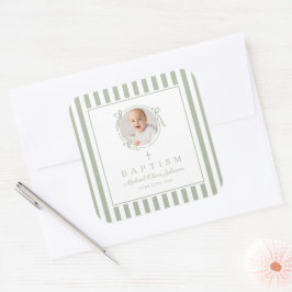 Elegant Sage Green Photo Baptism Vierkante Sticker