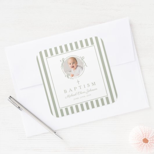Elegant Sage Green Photo Baptism Vierkante Sticker (Envelop)