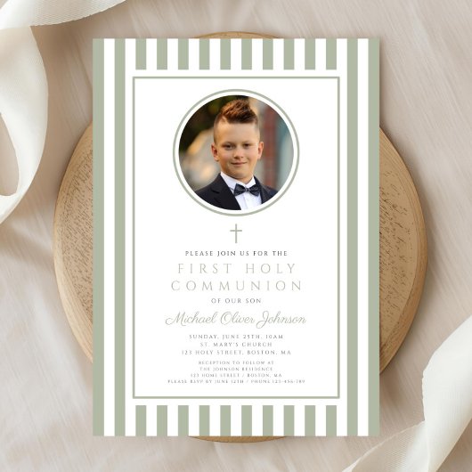 Elegant Sage Green Photo Boy First Communion Kaart