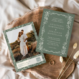 Elegant Sage Green Photo QR Code Vintage Wedding Kaart