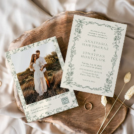 Elegant Sage Green Photo QR Code Vintage Wedding Kaart