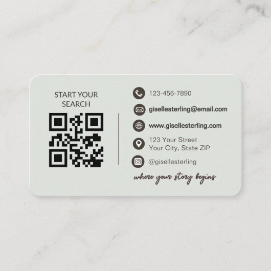 Elegant Sage Green Photo Real Estate Agent QR Code Visitekaartje (Achterkant)