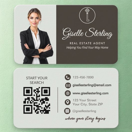 Elegant Sage Green Photo Real Estate Agent QR Code Visitekaartje