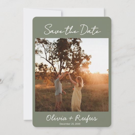 Elegant Sage Green Photo Save the Date Card (Voorkant)