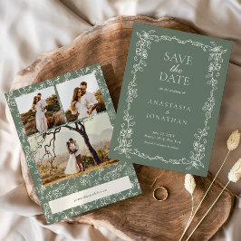 Elegant Sage Green Photo Vintage Wedding Save The Date