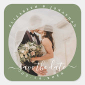 Elegant Sage Green Photo Wedding Save the Date Vierkante Sticker (Voorkant)
