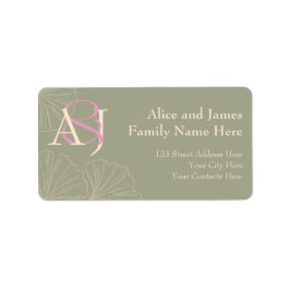 Elegant Sage Green & Pink Ginkgo Newly Wed Address Etiket