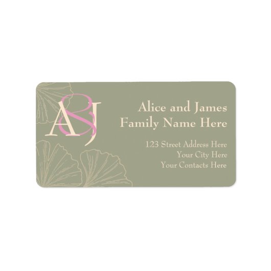 Elegant Sage Green & Pink Ginkgo Newly Wed Address Etiket (Voorkant)