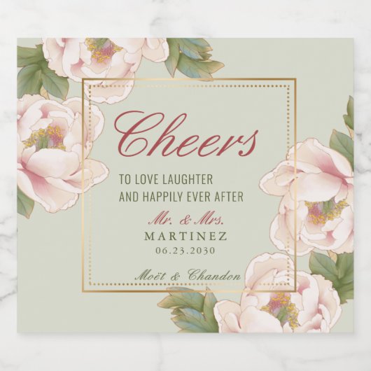 Elegant Sage Green & Pink Peony Floral Wedding Sparkling Wijnetiket (Enkel label)
