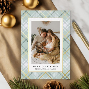 Elegant Sage Green Plaid Familie Afbeelding Folie Feestdagenkaart