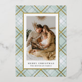 Elegant Sage Green Plaid Familie Afbeelding Folie Feestdagenkaart (Voorkant)