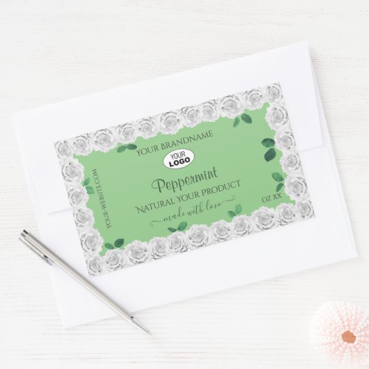 Elegant Sage Green Product Labels White Roses Logo (Envelop)