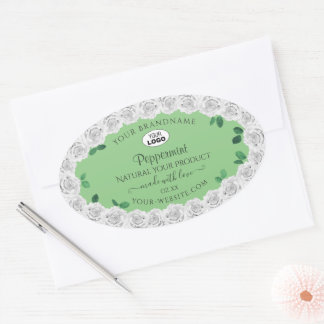Elegant Sage Green Product Labels White Roses Logo