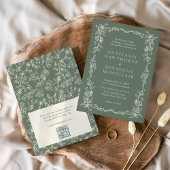 Elegant Sage Green QR Code RSVP Victorian Wedding Kaart