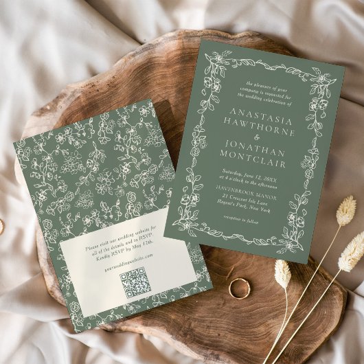 Elegant Sage Green QR Code RSVP Victorian Wedding Kaart