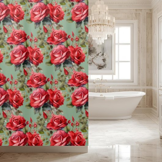 Elegant Sage Green Red Roses Shower Curtain Douchegordijn