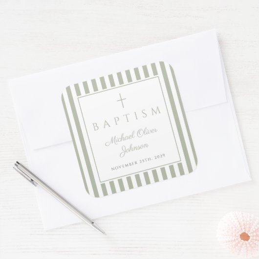 Elegant Sage Green Religious Cross Baptism Vierkante Sticker (Envelop)