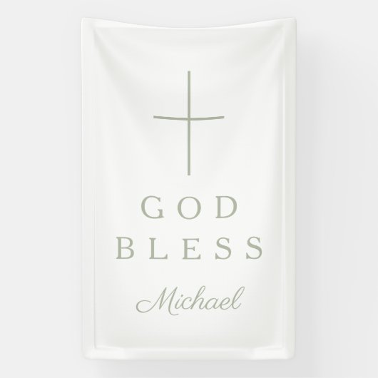 Elegant Sage Green Religious Cross Boy God Bless Spandoek (Verticaal)