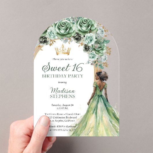 Elegant Sage Green Roos Bloemrijk Sweet 16 Party Acryl Uitnodigingen (Insitu (Draagbaar))