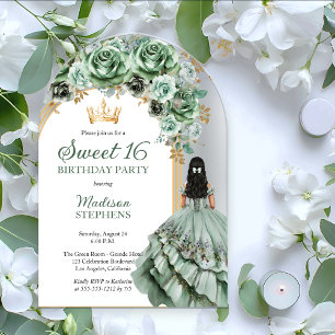 Elegant Sage Green Roos Bloemrijk Sweet 16 Party Acryl Uitnodigingen