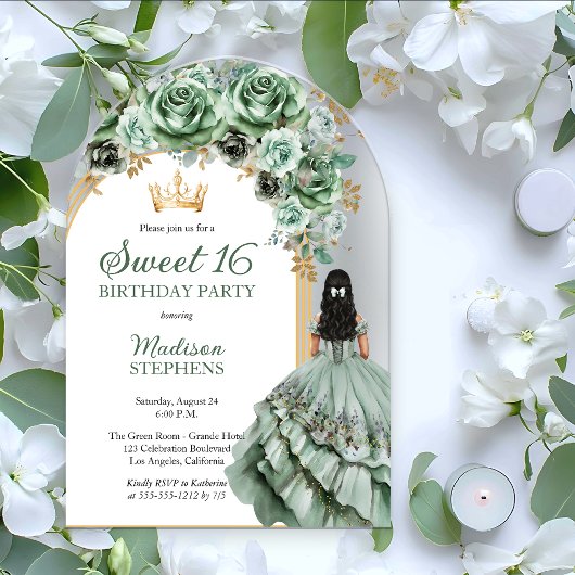 Elegant Sage Green Roos Bloemrijk Sweet 16 Party Acryl Uitnodigingen