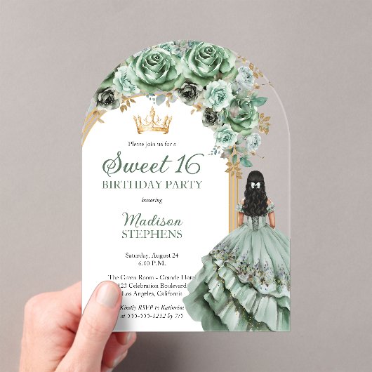Elegant Sage Green Roos Bloemrijk Sweet 16 Party Acryl Uitnodigingen (Insitu (Draagbaar))