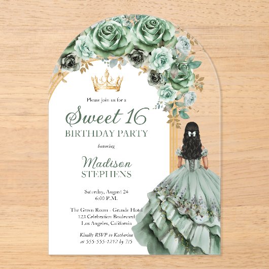 Elegant Sage Green Roos Bloemrijk Sweet 16 Party Acryl Uitnodigingen (Voorkant)