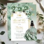 Elegant Sage Green Roos Bloemrijk Sweet 16 Party Folie Uitnodiging<br><div class="desc">Elegante en stijlvolle saliegroen met goudkleurige accenten bloemenboeg gecombineerd met een gebogen paneel op een vervaagde saliegroene achtergrond "Sweet 16" feestontwerp. Beschikt over een donkerbruine tot zwartharige brunette schoonheid in een vloeiende saliekleurige baljurk en een faux alcohol en inkt gemarmerd rug. Composiet ontwerp van Holiday Hearts Design.</div>