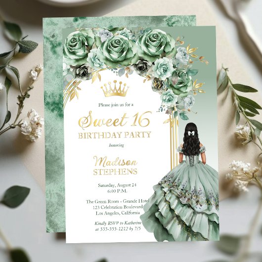 Elegant Sage Green Roos Bloemrijk Sweet 16 Party Folie Uitnodiging