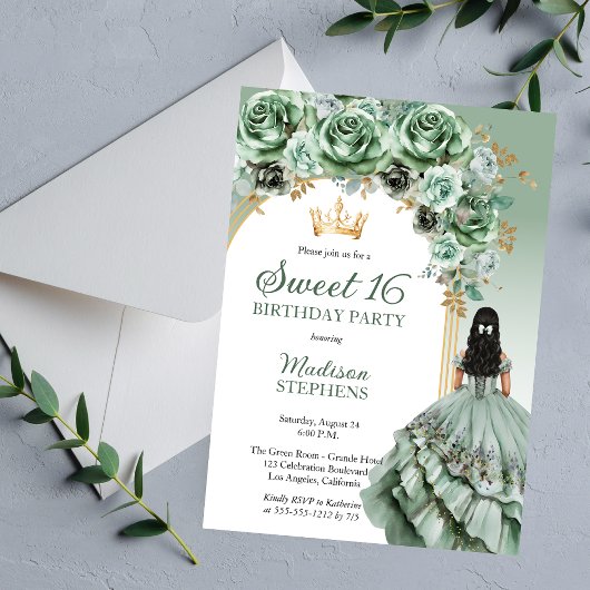 Elegant Sage Green Roos Bloemrijk Sweet 16 Party Kaart