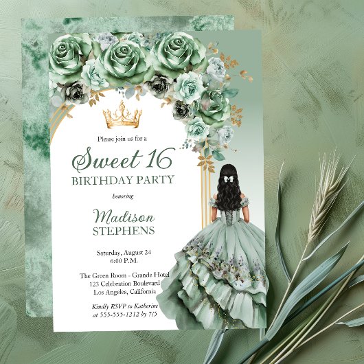 Elegant Sage Green Roos Bloemrijk Sweet 16 Party Kaart