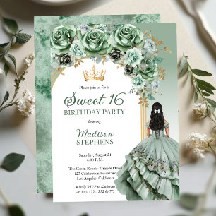 Elegant Sage Green Roos Bloemrijk Sweet 16 Party Kaart