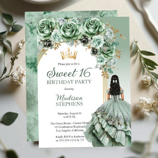 Elegant Sage Green Roos Bloemrijk Sweet 16 Party Kaart