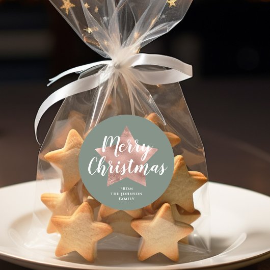 Elegant Sage Green Roos Gold Star Kerst Ronde Sticker