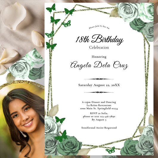 Elegant Sage Green Rose 18th Birthday Debut  Kaart