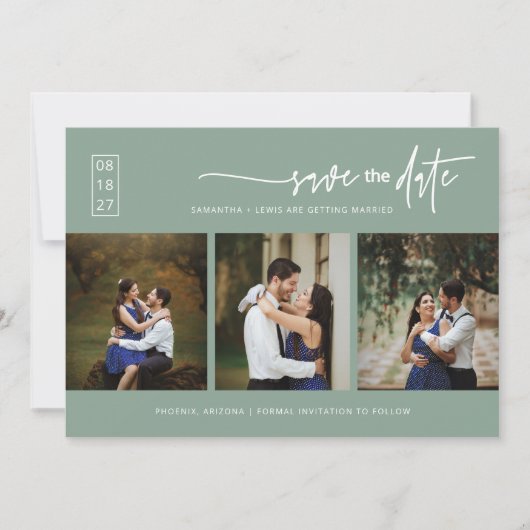 Elegant Sage Green Save the Date QR Code Foto Kaart (Voorkant)