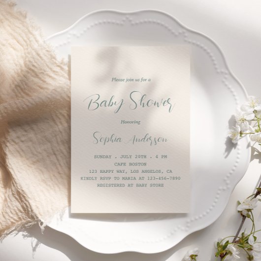 Elegant Sage Green Script Baby shower - Minimalist Kaart