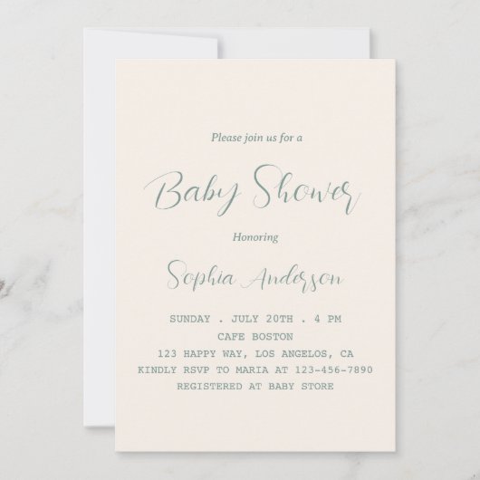 Elegant Sage Green Script Baby shower - Minimalist Kaart (Voorkant)