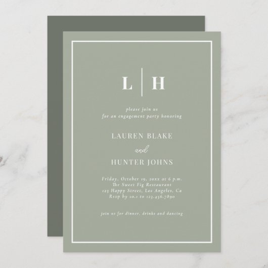 Elegant Sage Green Script Engagement Party Kaart (Voorkant / Achterkant)