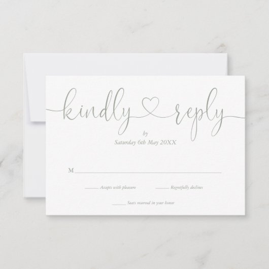 Elegant Sage Green Script Heart Kindly Reply RSVP Kaartje (Voorkant)